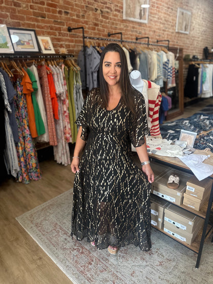 Gold Sequin Kimono Sleeve Maxi Dress