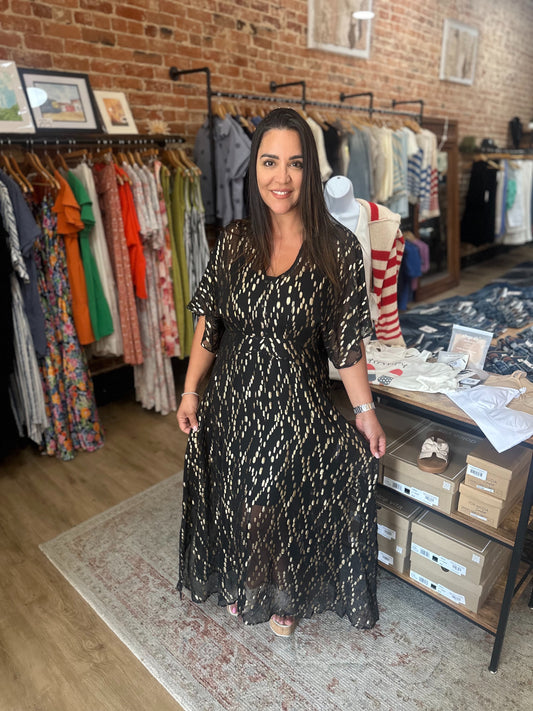 Gold Sequin Kimono Sleeve Maxi Dress