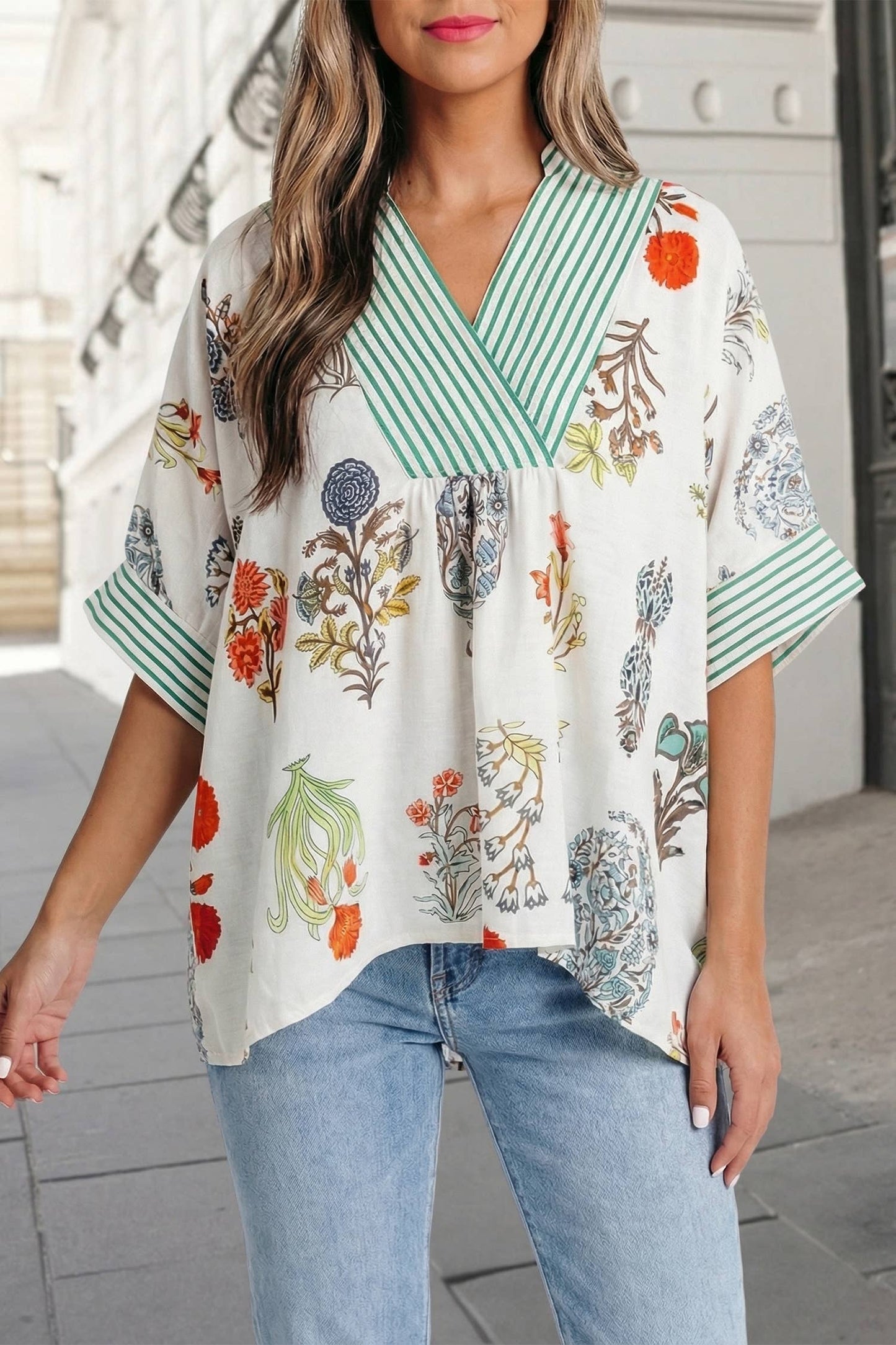 Floral V-Neck Striped Half Sleeve Top