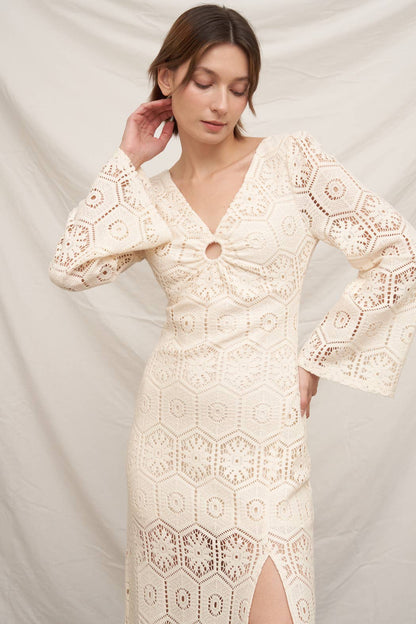 Long Sleeve Open-Back Crochet Maxi Dress