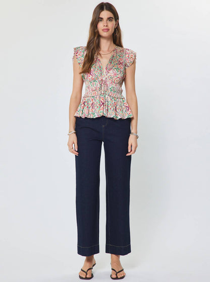 Printed Pleated Peplum V-neck Blouse