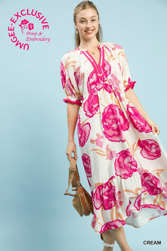 Floral Print Maxi Dress with Contrast Trim