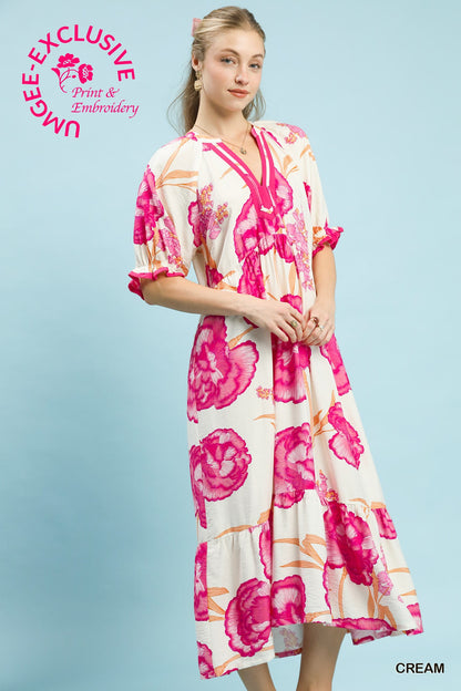 Floral Print Maxi Dress with Contrast Trim