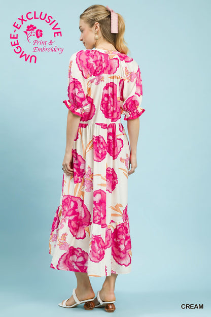 Floral Print Maxi Dress with Contrast Trim