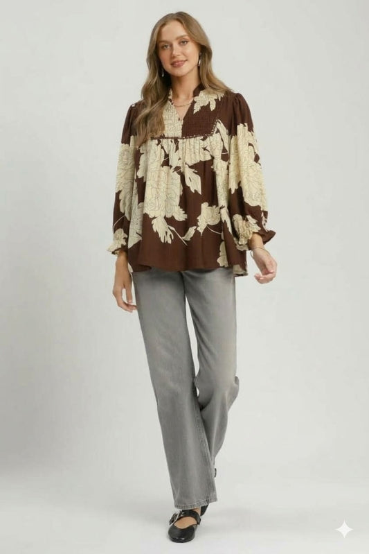Floral Smocked Yoke Peasant Blouse