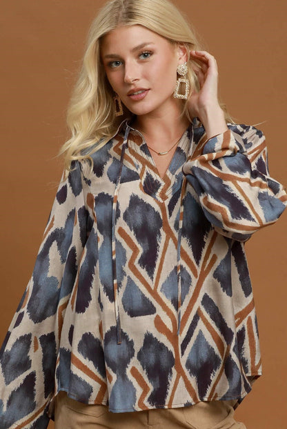 Ikat Print Tie-Neck Blouse