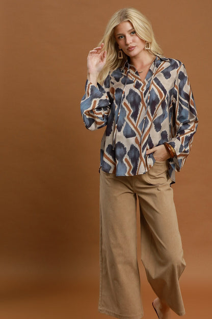 Ikat Print Tie-Neck Blouse