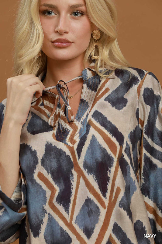Ikat Print Tie-Neck Blouse