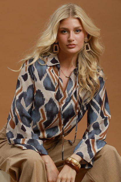 Ikat Print Tie-Neck Blouse