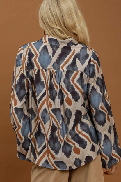 Ikat Print Tie-Neck Blouse