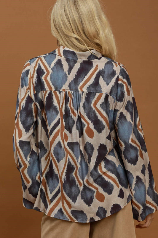 Ikat Print Tie-Neck Blouse