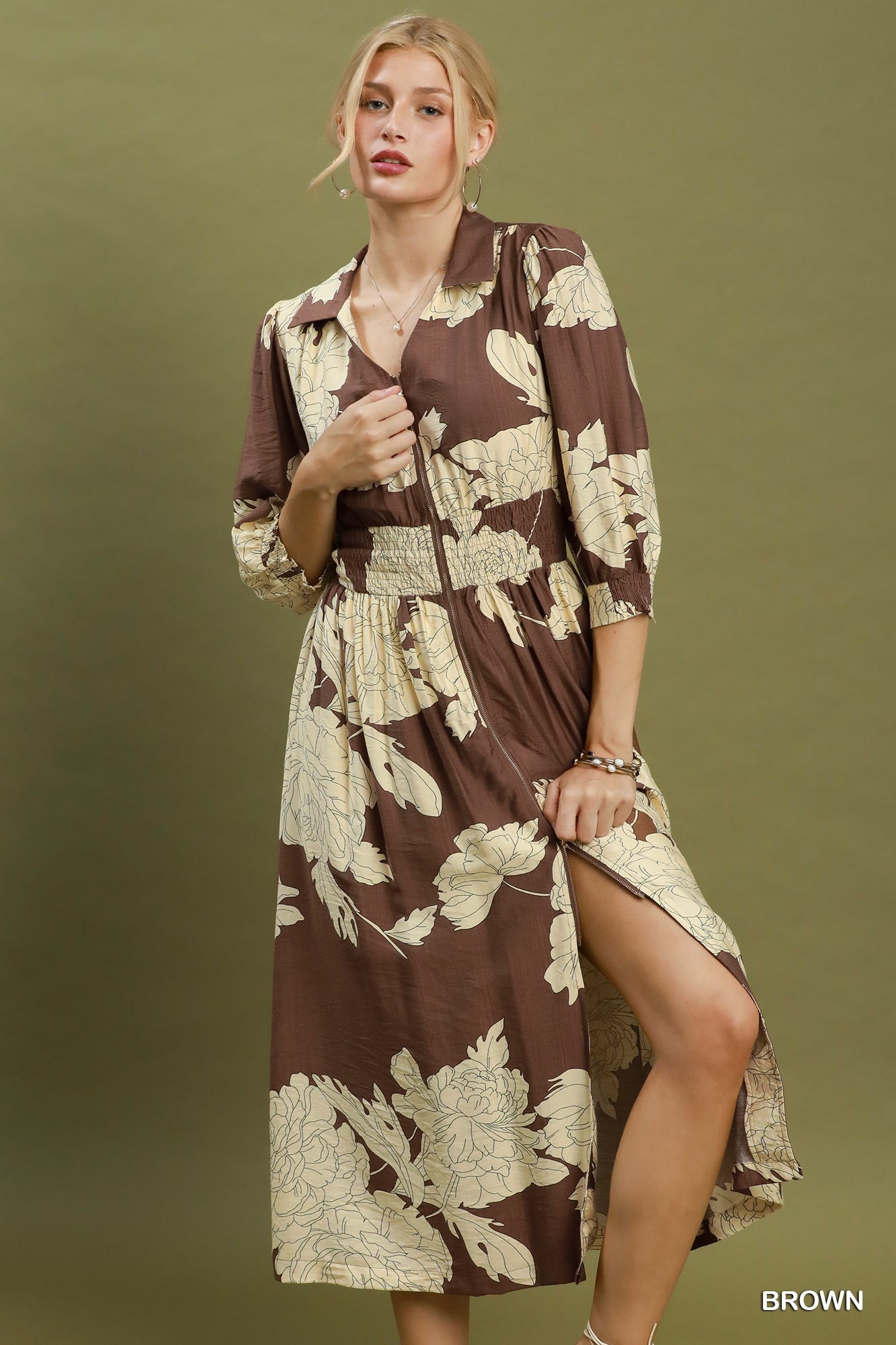 Floral Print Zip Front Midi Dress