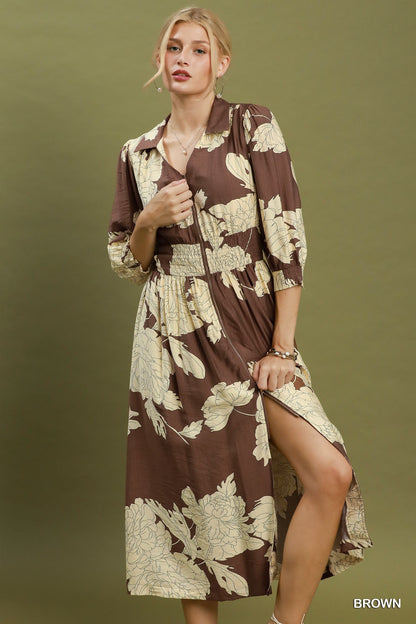 Floral Print Zip Front Midi Dress