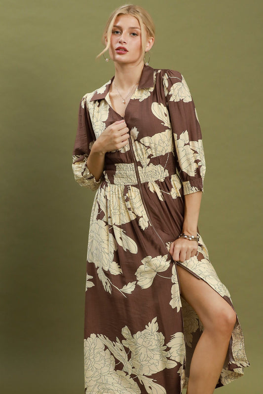 Floral Print Zip Front Midi Dress