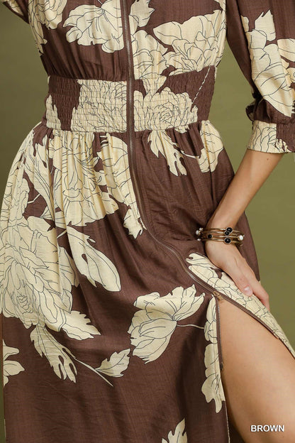 Floral Print Zip Front Midi Dress