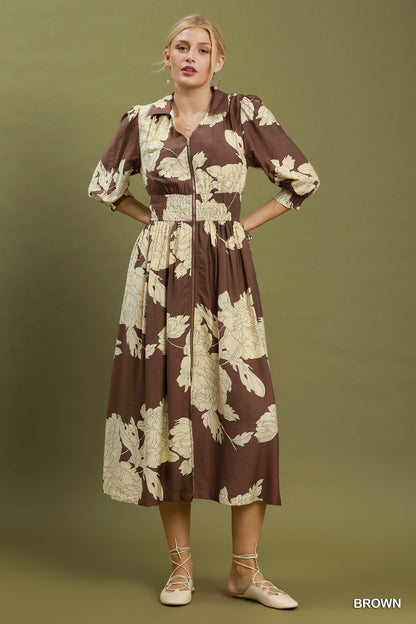 Floral Print Zip Front Midi Dress