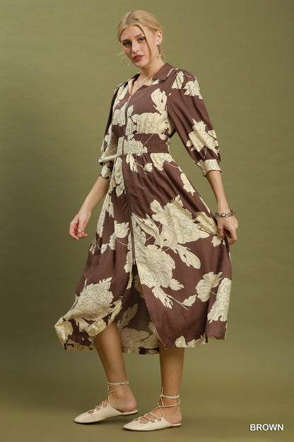Floral Print Zip Front Midi Dress