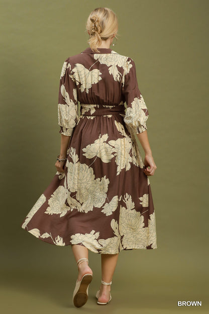 Floral Print Zip Front Midi Dress