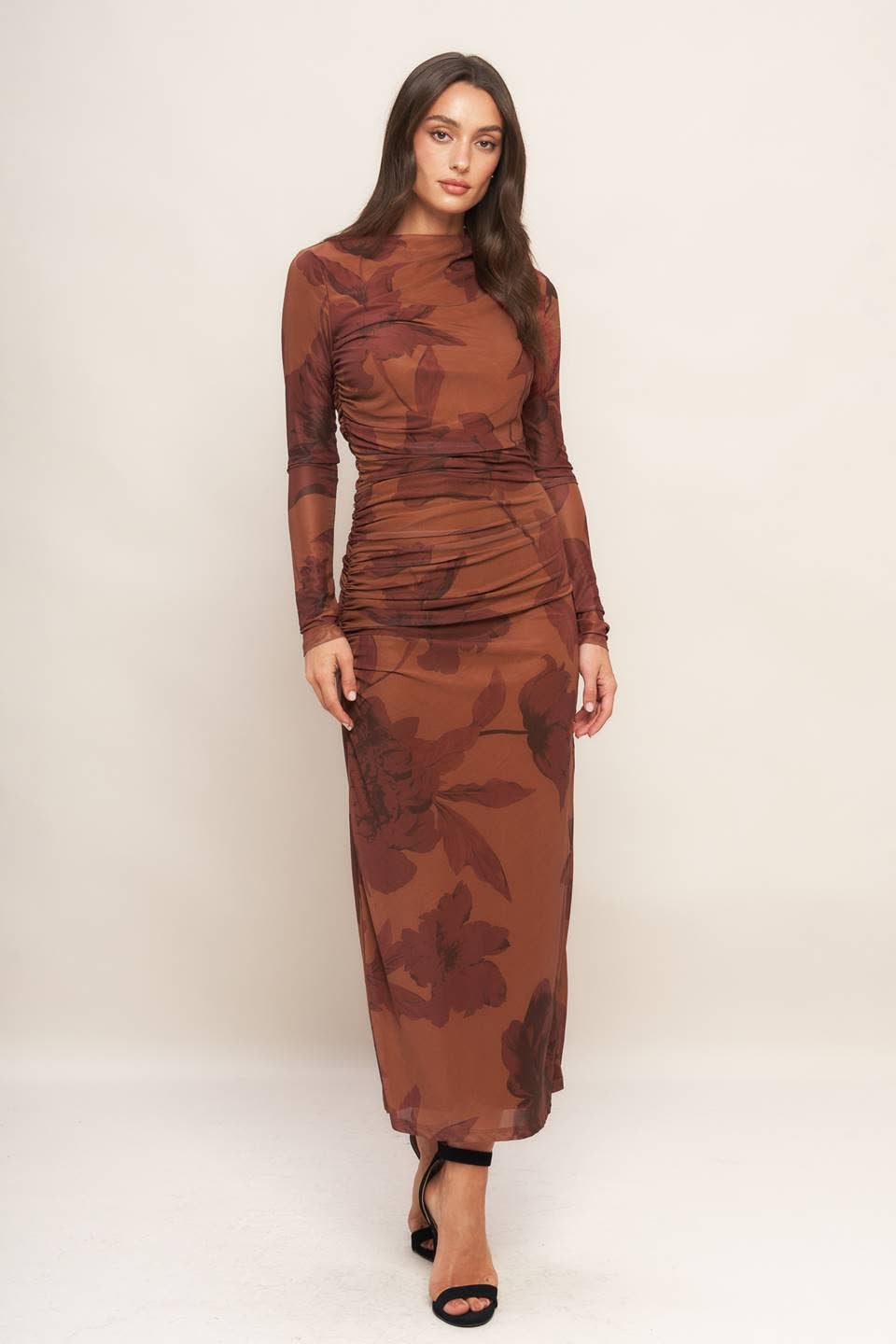 Printed power mesh midi dress
