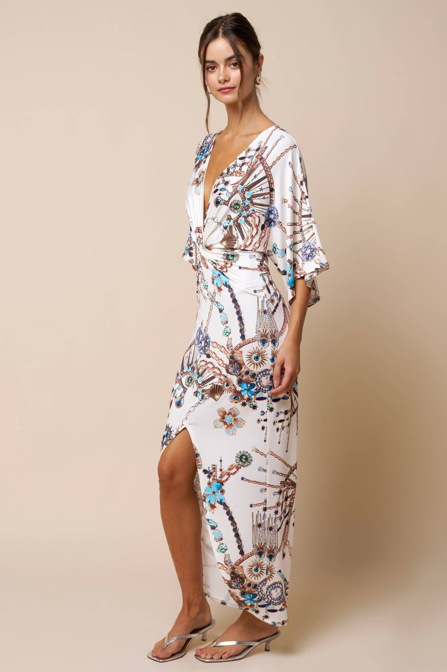 Printed Front Twist Plunging Maxi Dress