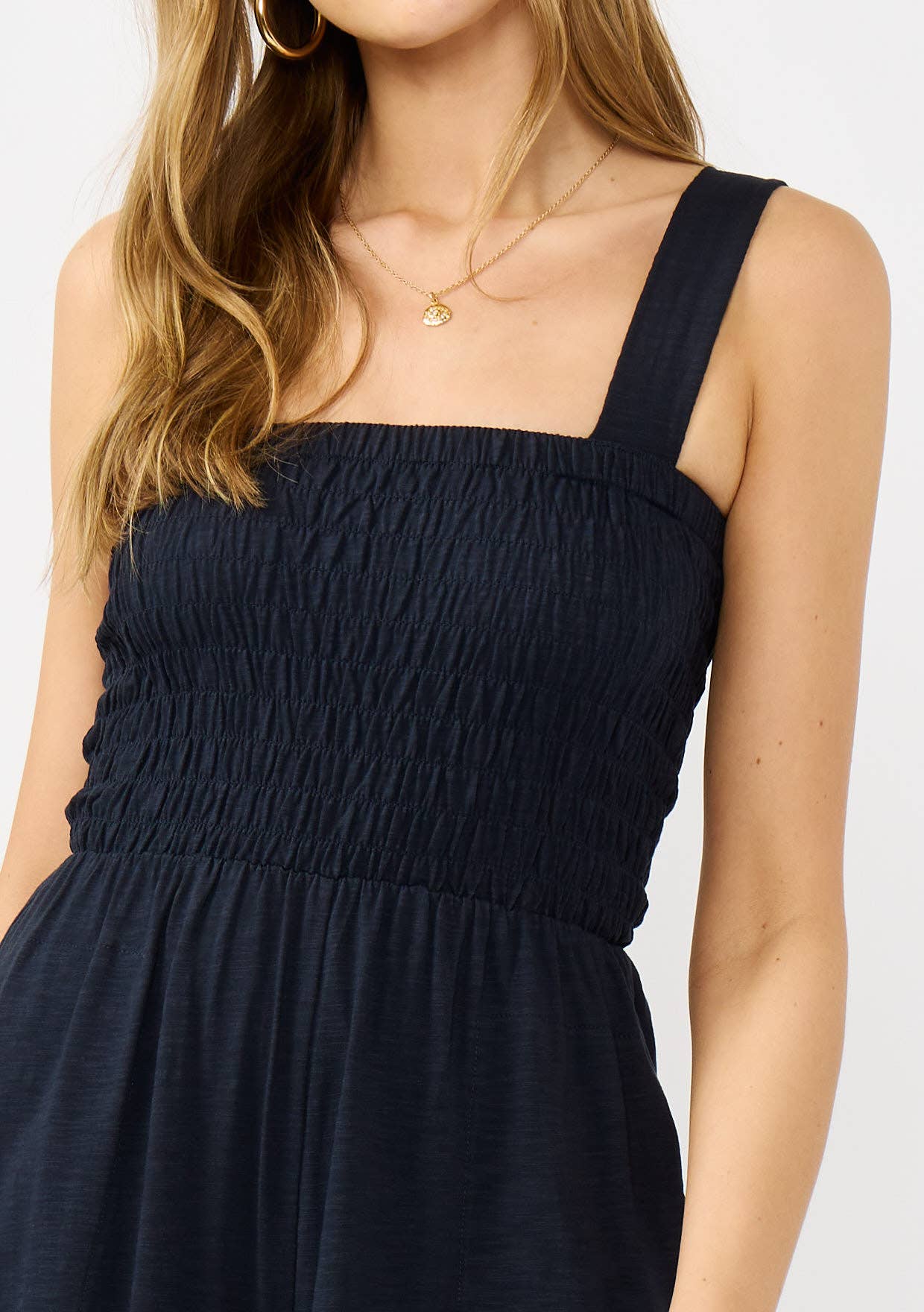 Leg Smocked Bodice Sleeveless Jumpsuit