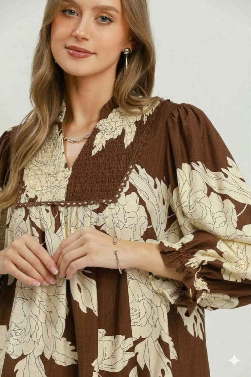 Floral Smocked Yoke Peasant Blouse