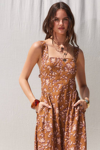 Printed Linen Midi Dress
