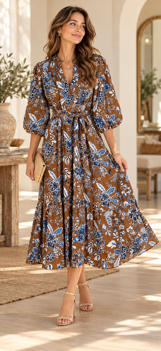 Blue Mocha V-Neck Puff Sleeve Midi Dress