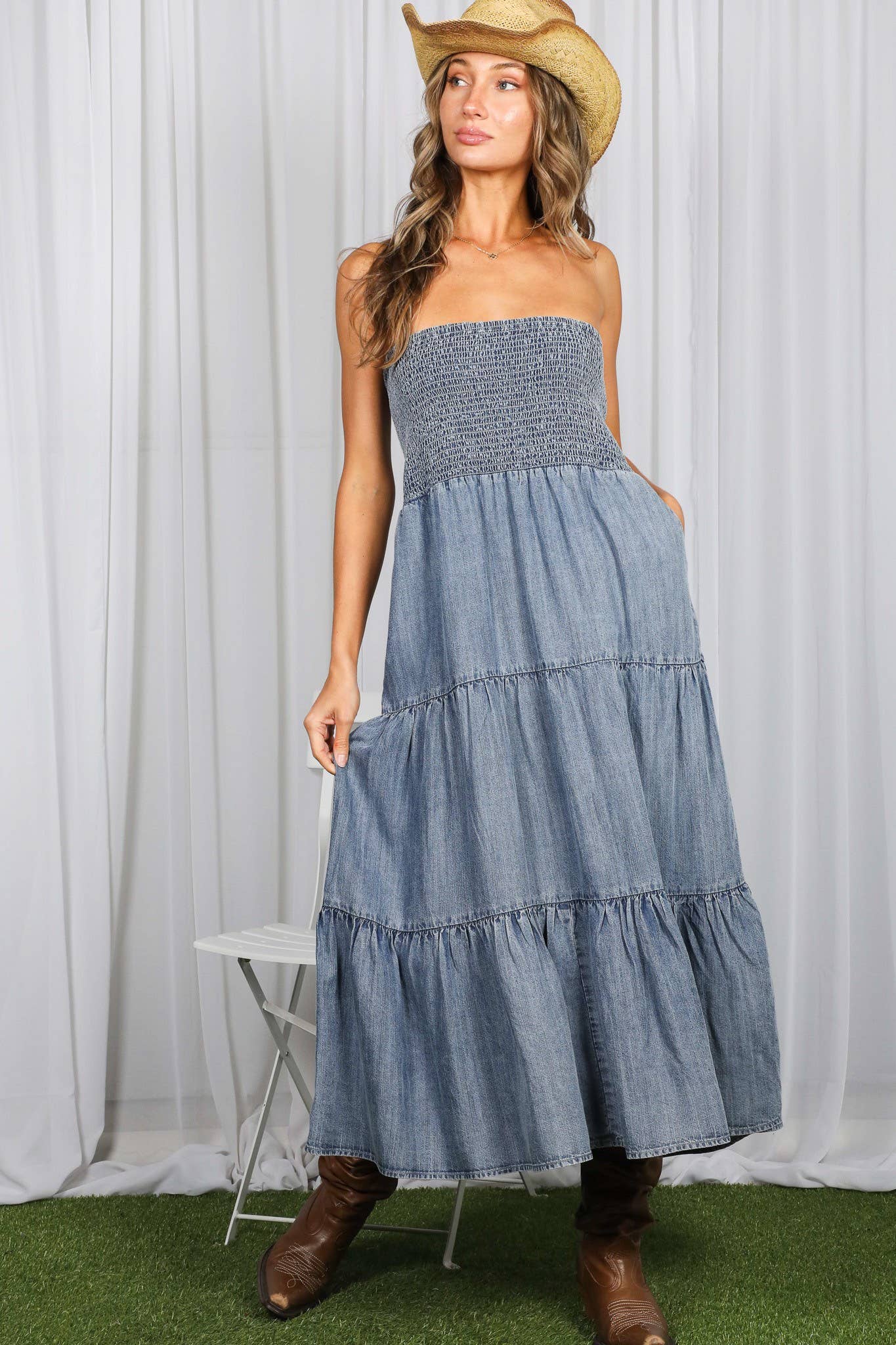 Tube Top Flowy Pocket Chambray Denim Midi Dress