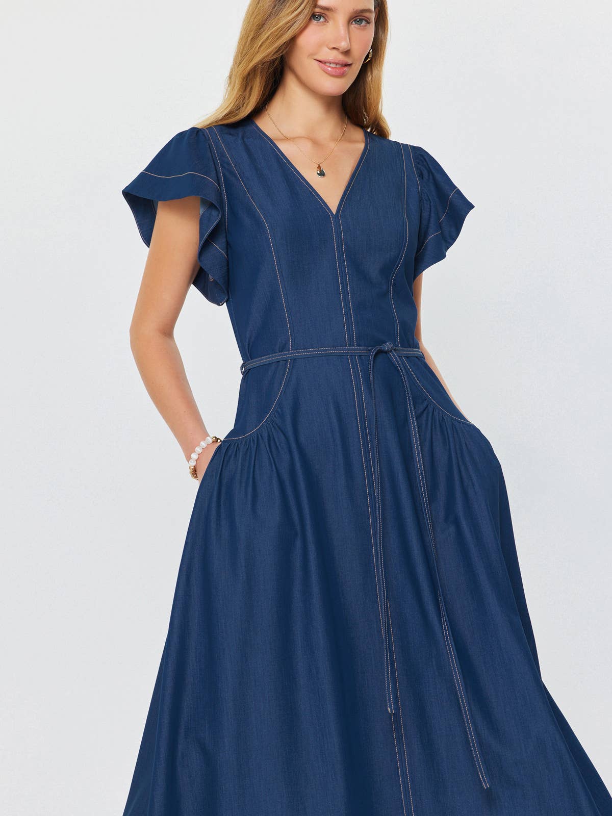 Denim Ruffled Sleeve V-neck Midi Dress