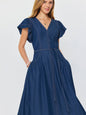 Denim Ruffled Sleeve V-neck Midi Dress