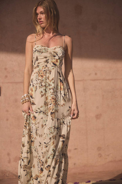 Floral Crepe Wide-Leg Tiered Ruffle Cami Jumpsuit