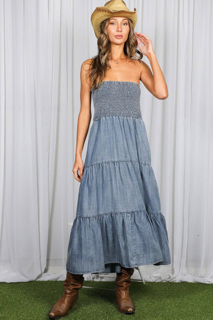 Tube Top Flowy Pocket Chambray Denim Midi Dress