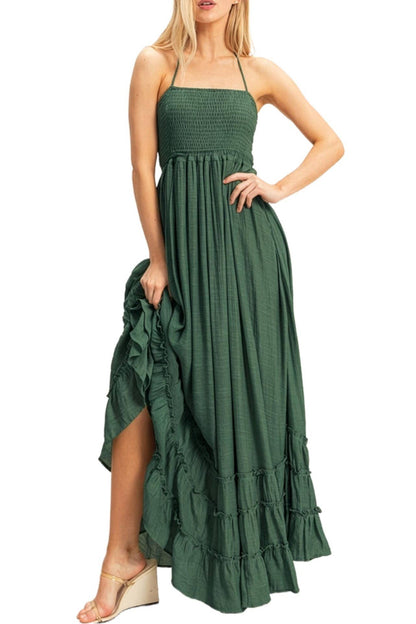 Black Smocked Halter Maxi Dress