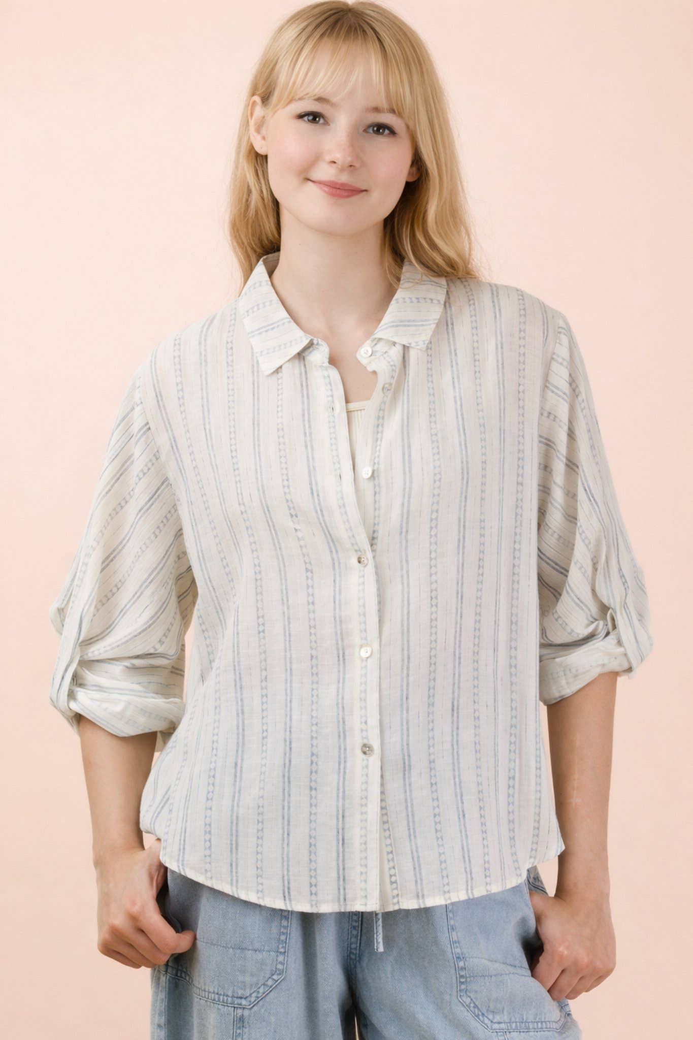 Roll up Half Sleeve Stripe Shirt Top