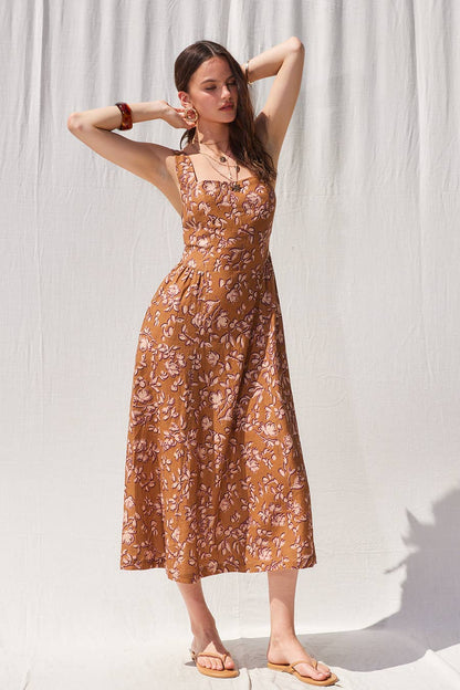Printed Linen Midi Dress