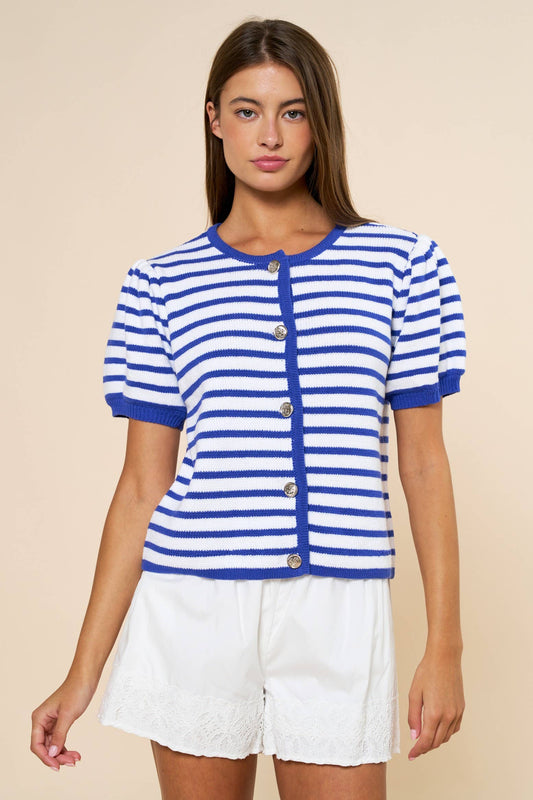 Stripe Button Down Puff Sleeve Knit Top