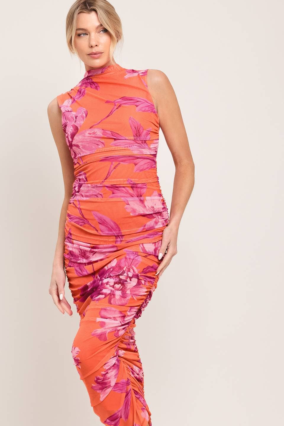 A printed power mesh midi dress - ID23739 ORANGE