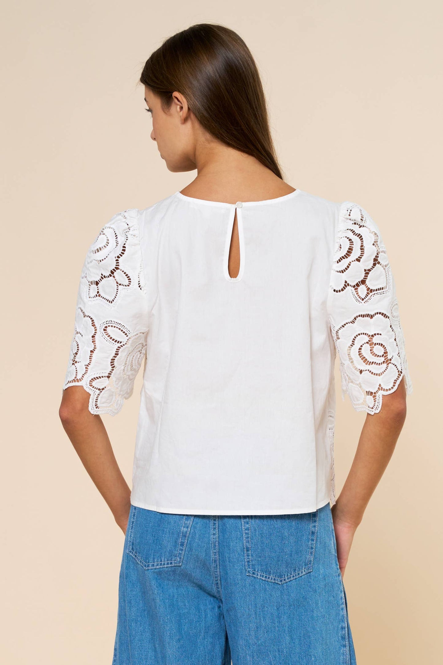 Floral Eyelet Short Bell Sleeve Top