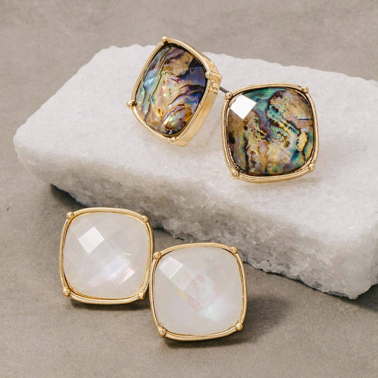 Square Faceted Stone Stud Earrings