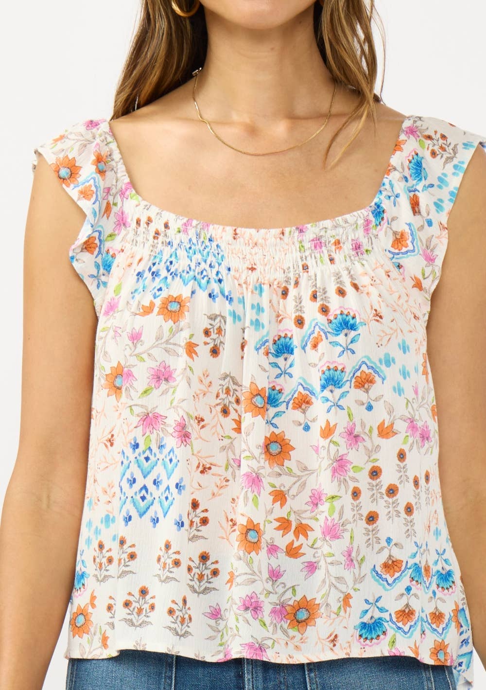 Flutter Sleeve Smocked Square Neck Top