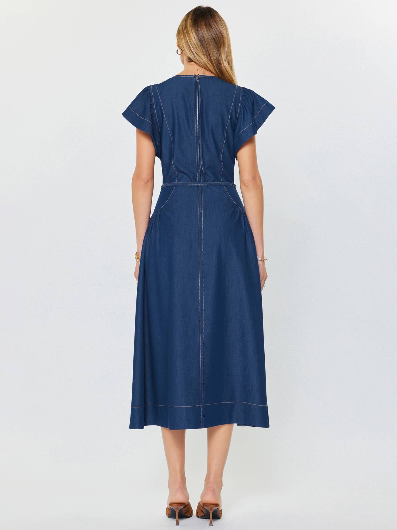 Denim Ruffled Sleeve V-neck Midi Dress