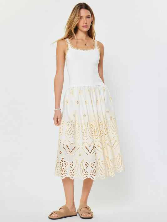 Eyelet Skirt Sleeveless Sweater Combo Midi Dress