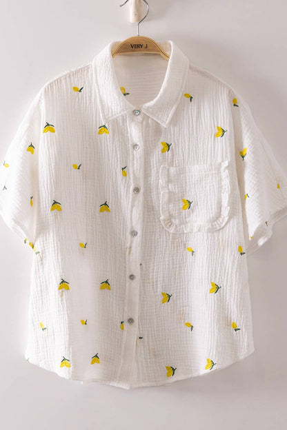 Fruit Embroidery Oversized Gauze Shirt Top