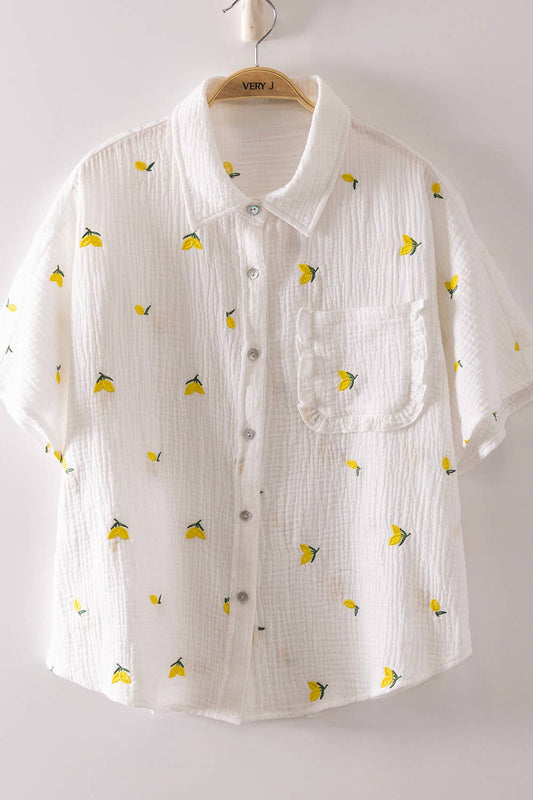 Fruit Embroidery Oversized Gauze Shirt Top