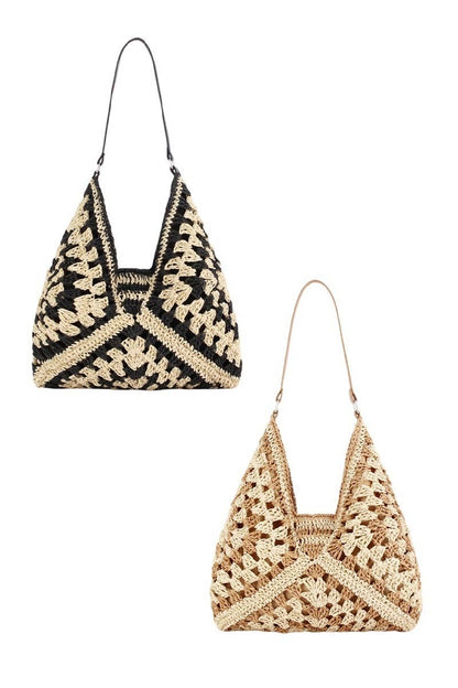 Vintage Woven Straw Crochet Bucket Shoulder Bag