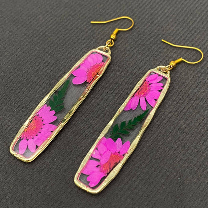 Pressed Dried Flower Long Rectangular Dangle Earrings -