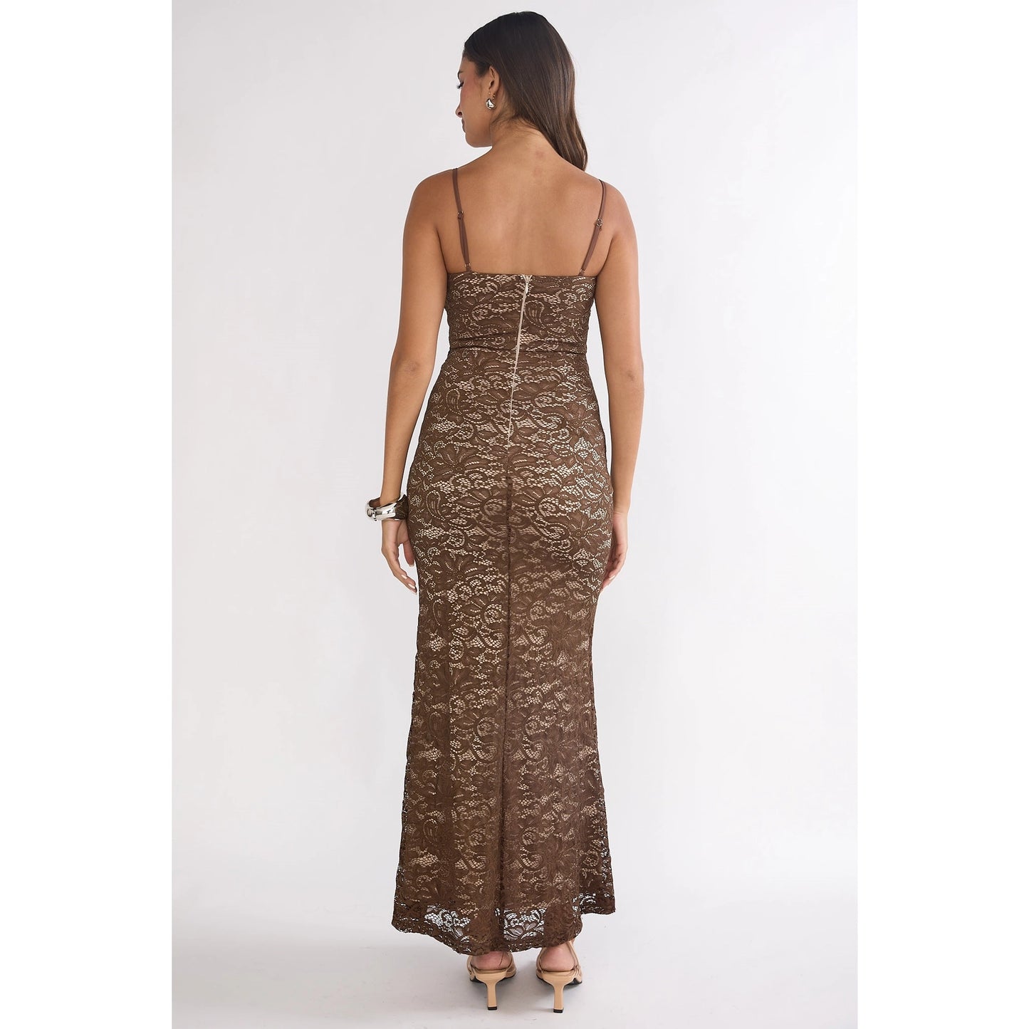 Sleeveless Floral Lace Ruched Maxi Dress
