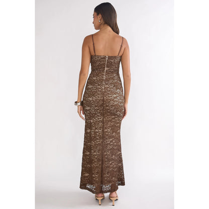 Sleeveless Floral Lace Ruched Maxi Dress