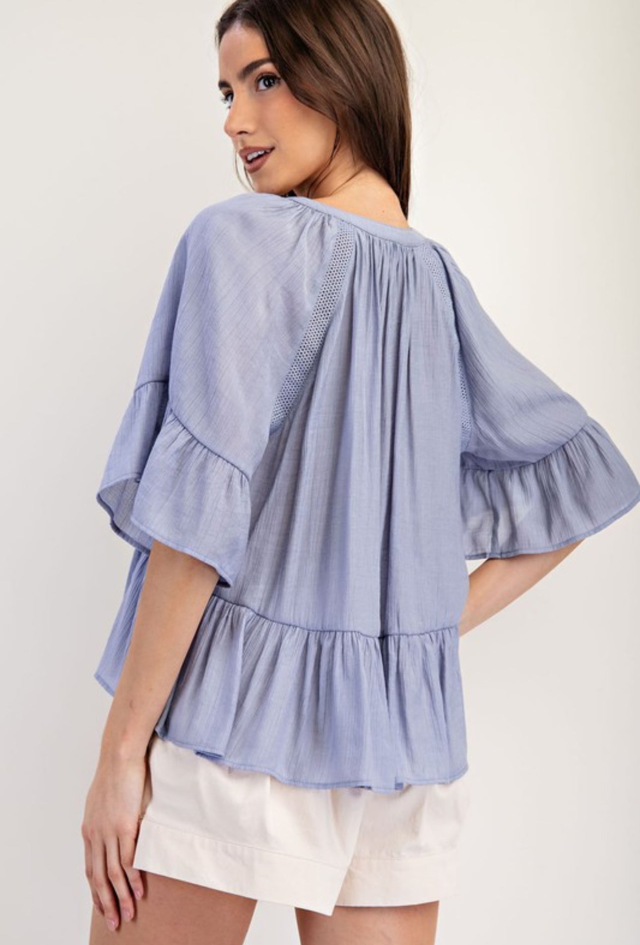 In the ruffles top (Denim)